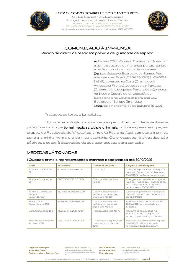 Comunicado à imprensa de Luiz Scarpelli, 30 de outubro de 2026