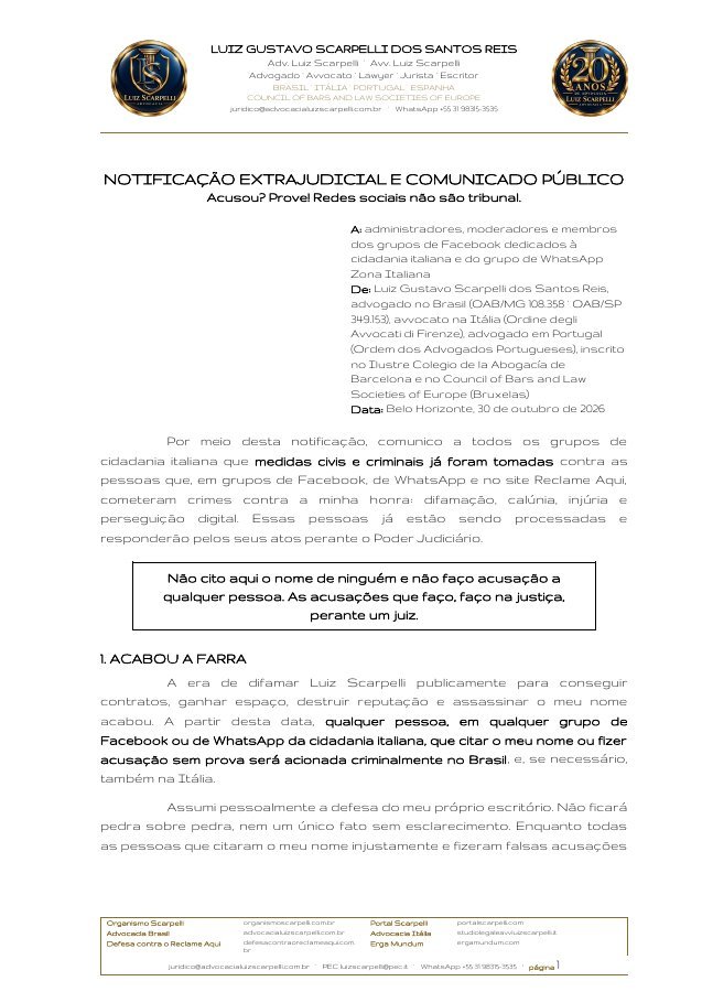 Notificação extrajudicial aos grupos de cidadania italiana, 30 de outubro de 2026
